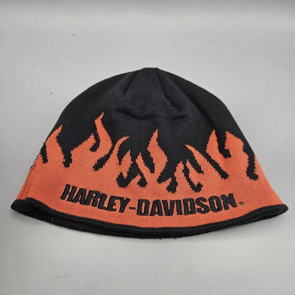 Harley-Davidson Mens Black Orange Flame Knit Beanie Hat Black Y2k Vintage
